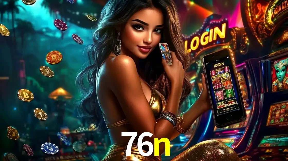 Mulher em um cenário de cassino temático de aventura, mostrando o app de caça-níqueis da 76n no celular. Fichas de apostas flutuam ao redor.
